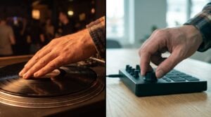 Split photo: on the left a hand rests on a spinning vinyl record in warm club light, on the right the same hand turns a knob on a small MIDI controller in daylight, the knob standing in for the turntable