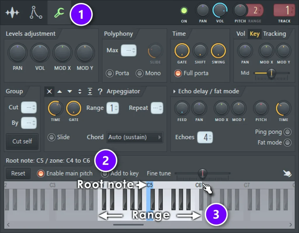 FL Studio Channel settings Miscellaneous functions tab (1) with the root note and zone readout (2) and the key region range on the preview keyboard (3) numbered