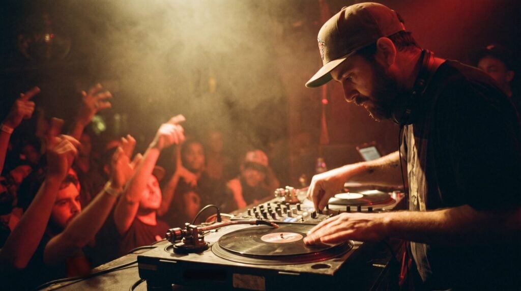 A bearded DJ in a cap scratches a vinyl record with one hand and works the mixer with the other at a packed hip-hop club, red and gold stage light, crowd hands in the air