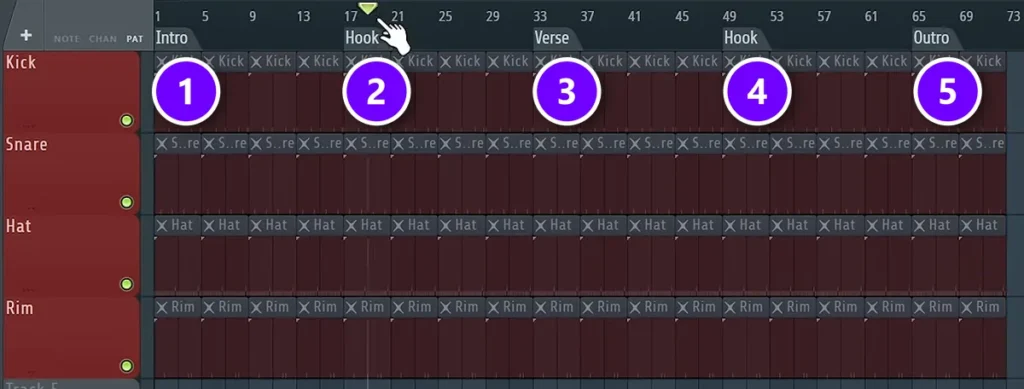 FL Studio Playlist arrangement with Intro (1), Hook (2), Verse (3), Hook (4) and Outro (5) markers over the drum tracks