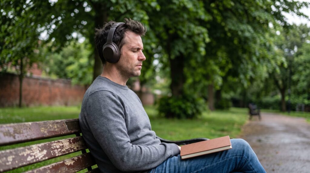 A man on a park bench listens closely through headphones with his eyes closed, a notebook on his knee