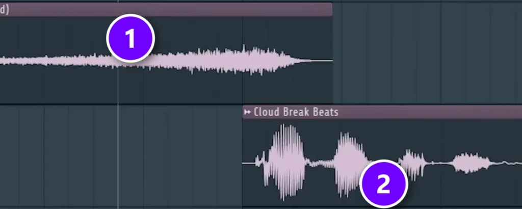 FL Studio Playlist with a reversed reverb swell (1) rising into a spoken producer tag (2)