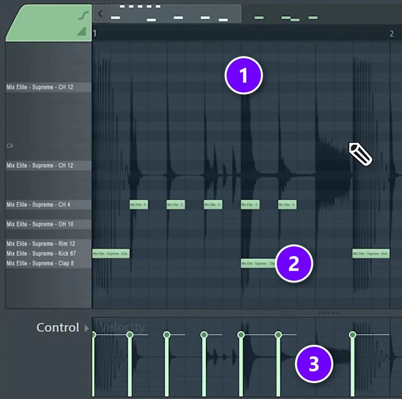 FPC Piano Roll in FL Studio with a drum stem behind the notes: a hit in the waveform (1), the note placed under it (2) and the velocity lane (3)