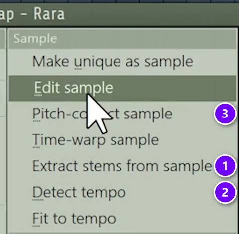 FL Studio audio clip Sample menu with Extract stems from sample (1), Detect tempo (2) and Pitch-correct sample (3)