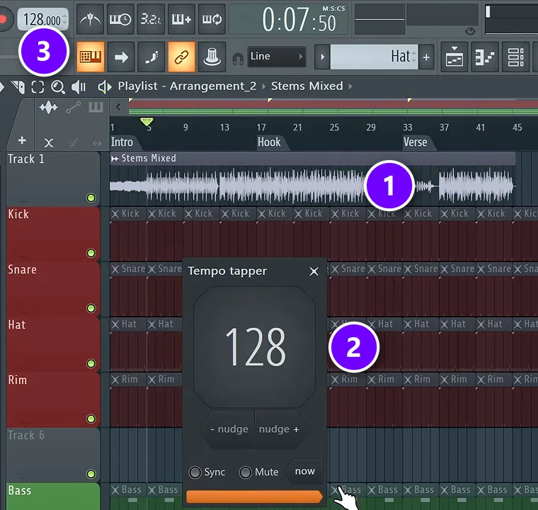 FL Studio Playlist with a reference song (1), the Tempo tapper reading 128 (2) and the project tempo display (3)