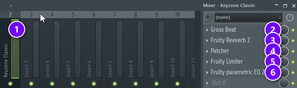 FL Studio Mixer track for the piano (1) with Gross Beat (2), Fruity Reeverb 2 (3), Patcher (4), Fruity Limiter (5) and Fruity Parametric EQ 2 (6) in its effect slots