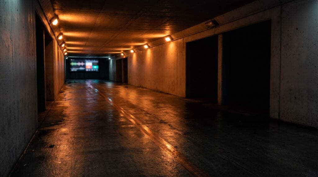 An empty concrete underpass at night after rain, lit by orange lamps, the dark and spacious mood of a UK drill melody