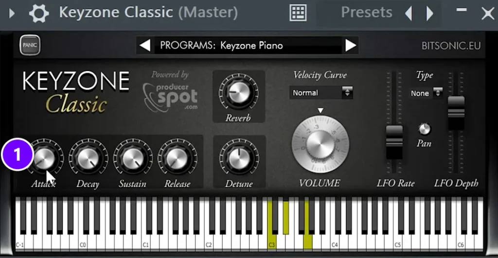 Keyzone Classic piano plugin in FL Studio with the Attack knob numbered 1