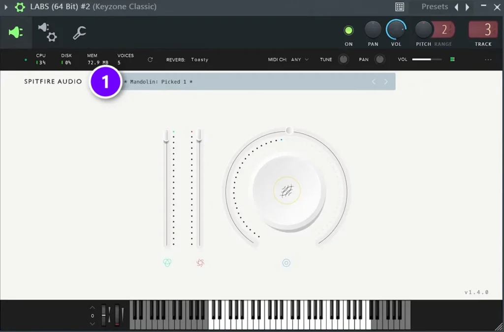 Spitfire LABS in FL Studio with the Mandolin: Picked 1 preset loaded (1)
