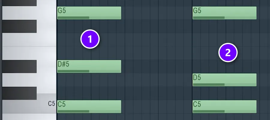 FL Studio Piano roll with a C minor chord C5, D#5, G5 (1) and the same chord with the third moved to D5 (2)