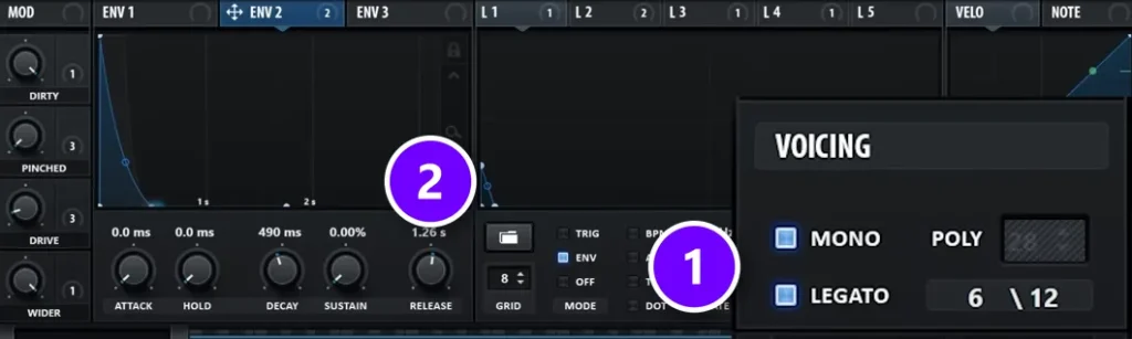 Serum bass synth with Mono and Legato switched on (1) and the envelope Release knob (2) numbered