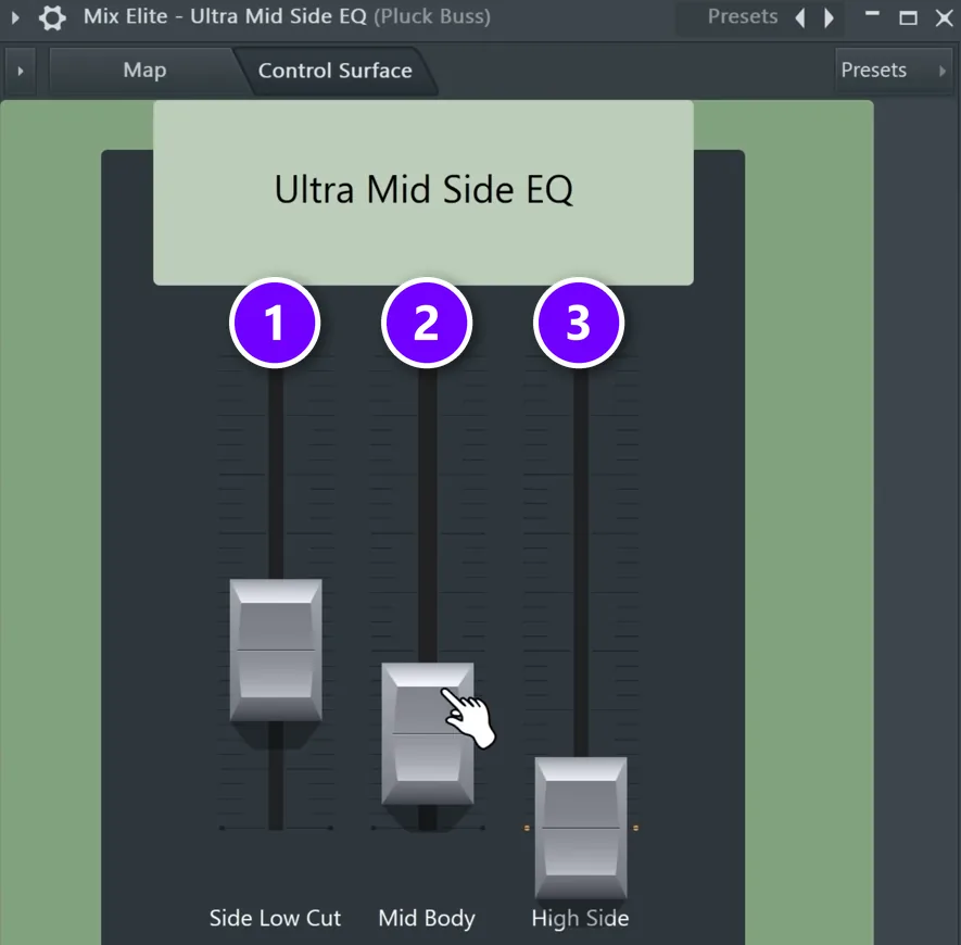 Mix Elite Ultra Mid Side EQ preset with the Side Low Cut (1), Mid Body (2) and High Side (3) faders