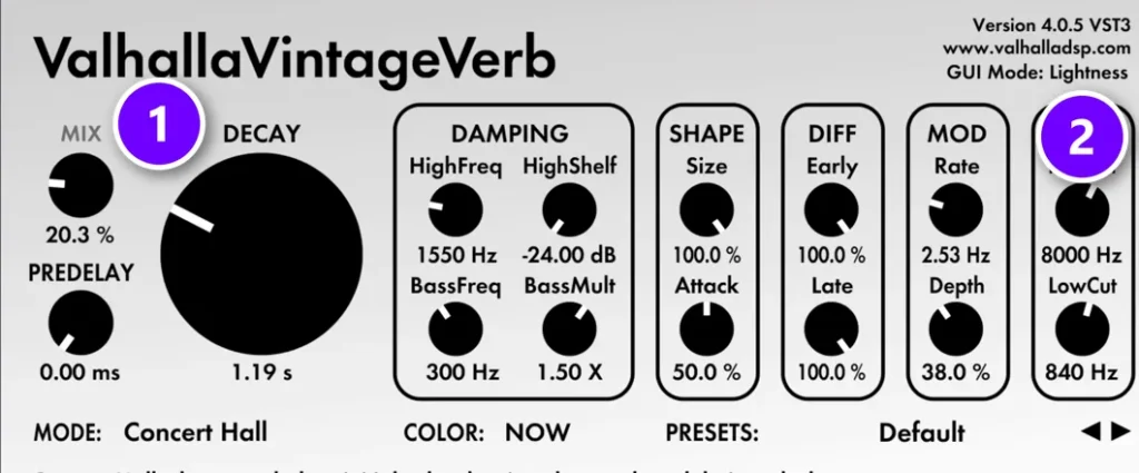 ValhallaVintageVerb with the decay at 1.19 seconds (1) and the cut knobs with the low cut at 840 Hz (2)