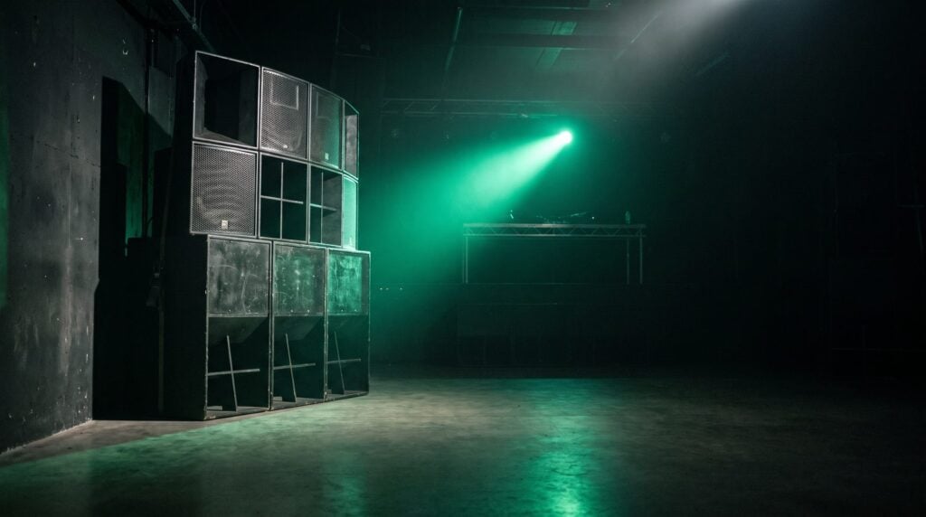 An empty nightclub after soundcheck, with a tall stack of black speaker cabinets beside the dance floor and a green light beam cutting through haze