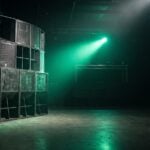 An empty nightclub after soundcheck, with a tall stack of black speaker cabinets beside the dance floor and a green light beam cutting through haze