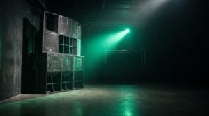 An empty nightclub after soundcheck, with a tall stack of black speaker cabinets beside the dance floor and a green light beam cutting through haze