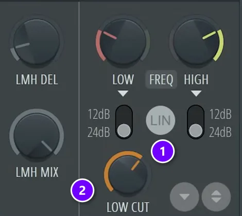 FL Studio Maximus with the LIN linear phase button (1) and the LOW CUT knob (2) numbered