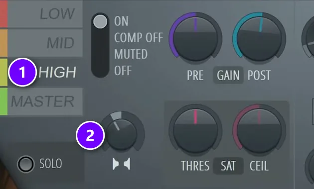 FL Studio Maximus with the HIGH band selected (1) and its stereo separation knob turned toward separated (2) numbered