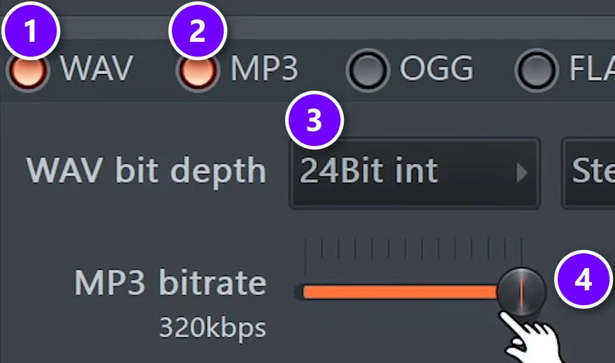 FL Studio export window with WAV (1) and MP3 (2) ticked, WAV bit depth 24Bit int (3) and MP3 bitrate 320kbps (4)