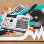 Paper collage of a pad sampler, a chrome microphone and a big speaker cone on kraft paper, with a white paper wave rising from flat to tall peaks: the 808, the voice and the loudness of a hip hop master