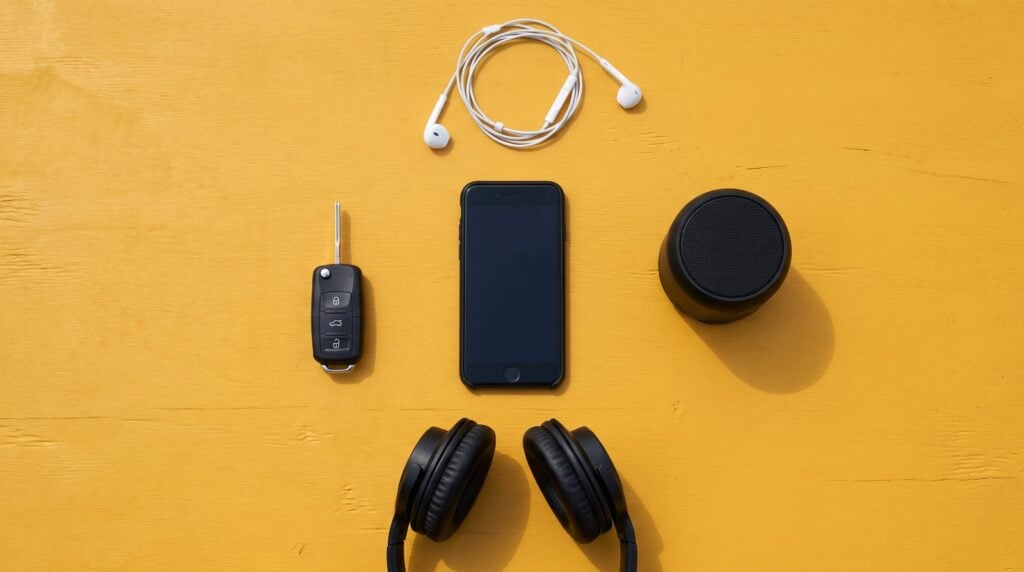 Flat lay on a yellow surface of a smartphone, white earbuds, a car key, a small round speaker and studio headphones: the places a hip hop master has to sound right