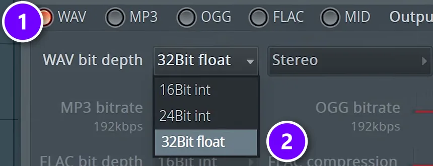 FL Studio export window with WAV selected (1) and WAV bit depth set to 32Bit float (2)