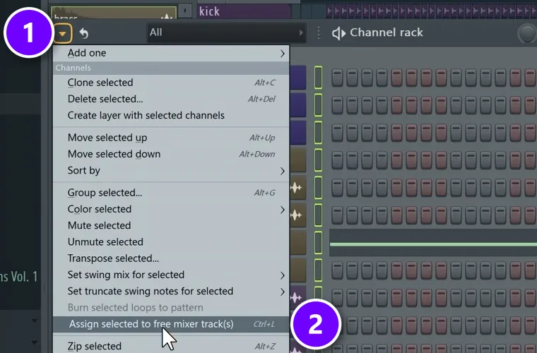 FL Studio Channel rack menu (1) with Assign selected to free mixer track(s), Ctrl+L (2) numbered