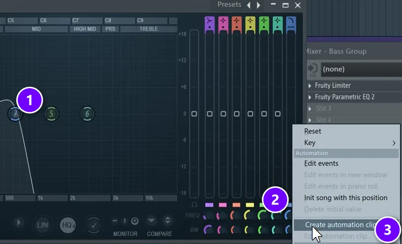 Fruity Parametric EQ 2 on the bass group with band 7 as a high cut (1), its frequency knob (2) and Create automation clip (3) numbered