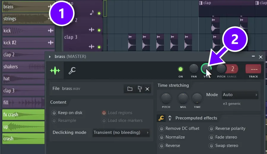 FL Studio Playlist with the brass clip (1) and its channel window open with the VOL knob (2) numbered