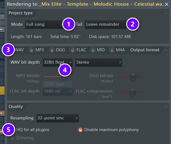 FL Studio export window with Full song (1), Leave remainder (2), WAV (3), 32Bit float (4) and HQ for all plugins (5) numbered
