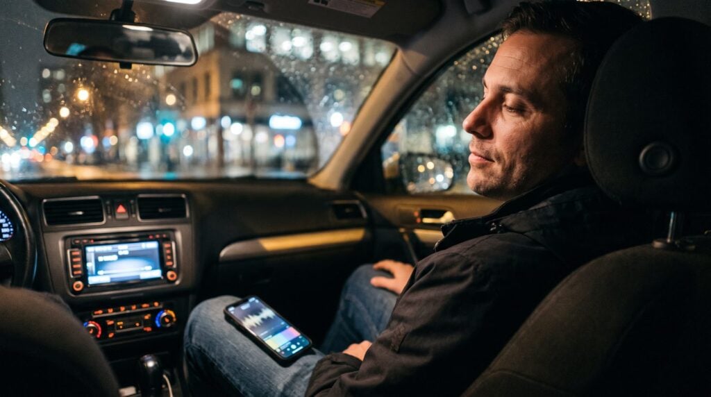 Man sitting in a parked car at night listening closely to a song on the car stereo
