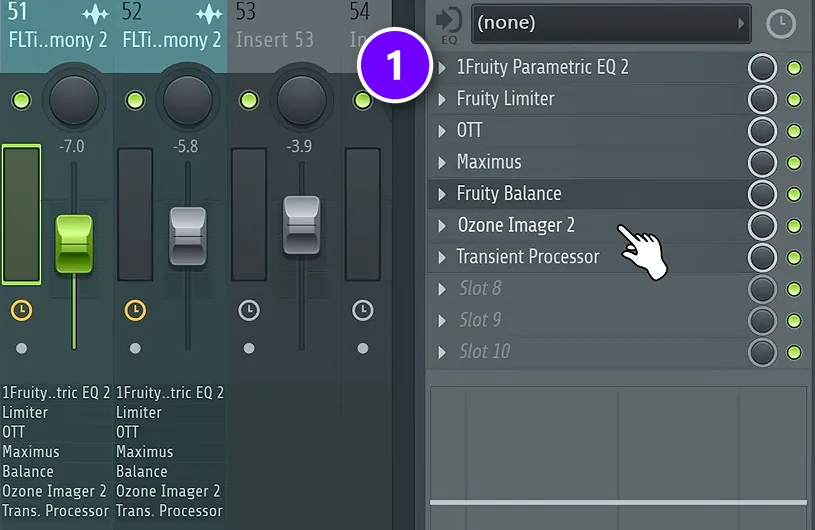 FL Studio Mixer effect slots of a harmony track (1): Parametric EQ 2, Fruity Limiter, OTT, Maximus, Fruity Balance, Ozone Imager 2 and Transient Processor