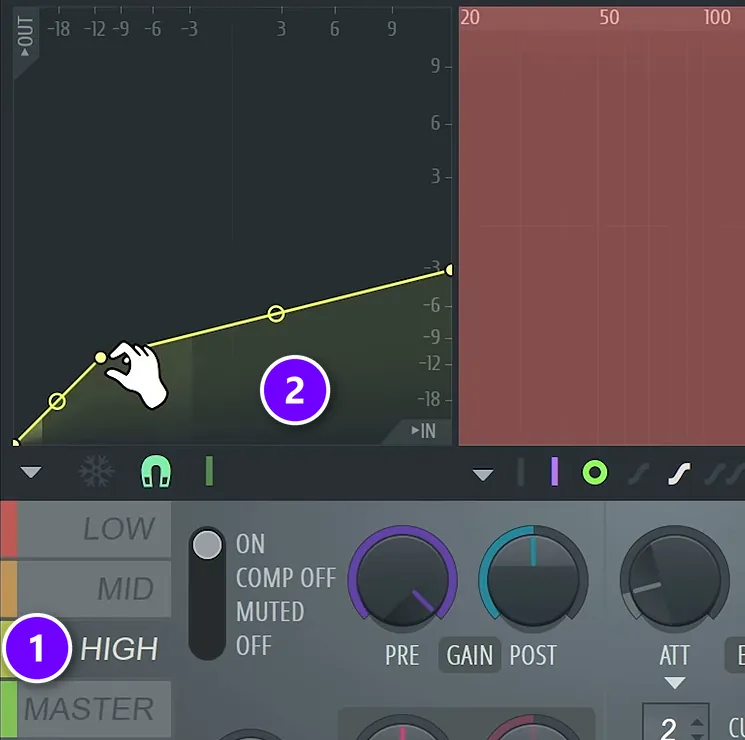 Maximus with the HIGH band selected (1) and its compression curve pulled down (2) to de-ess a harmony