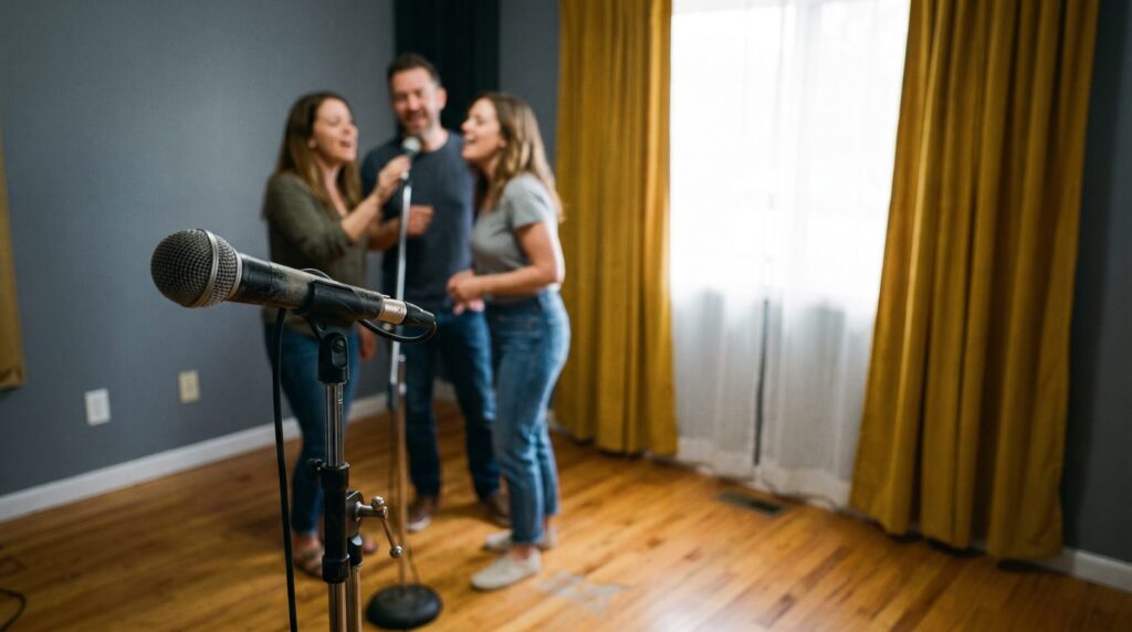 Three backing singers share a microphone a few steps behind an empty lead vocal mic in a daylight rehearsal room