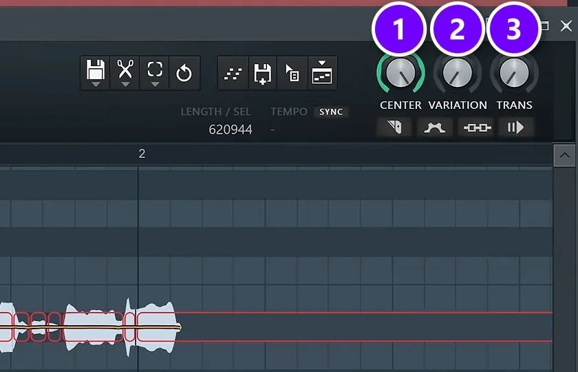 Newtone in FL Studio with Center turned all the way up (1), Variation at zero (2) and Trans all the way down (3) on a copied vocal
