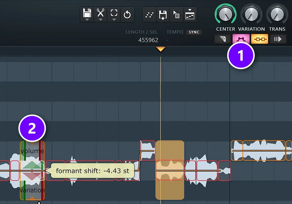 Newtone advanced edit button (1) and a note's formant handle (2) showing a formant shift of -4.43 semitones
