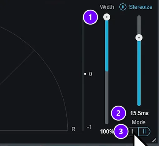 iZotope Ozone Imager with Width at 100% (1), Stereoize at 15.5 ms (2) and Mode I (3) numbered
