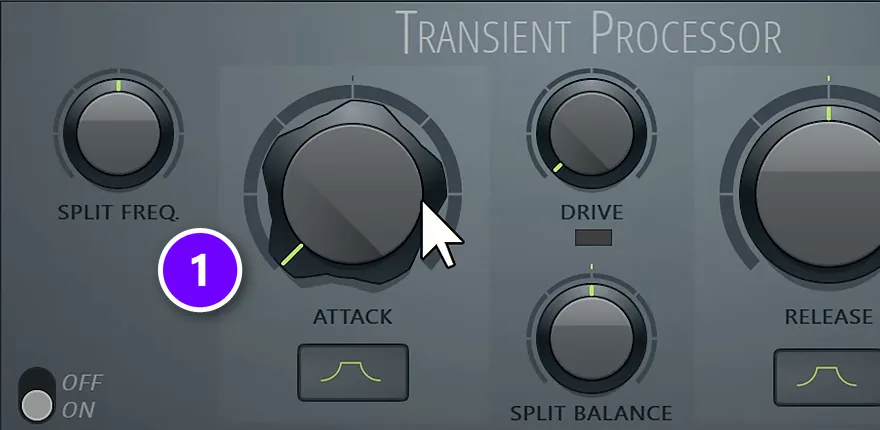 FL Studio Transient Processor with the Attack knob (1) turned all the way down