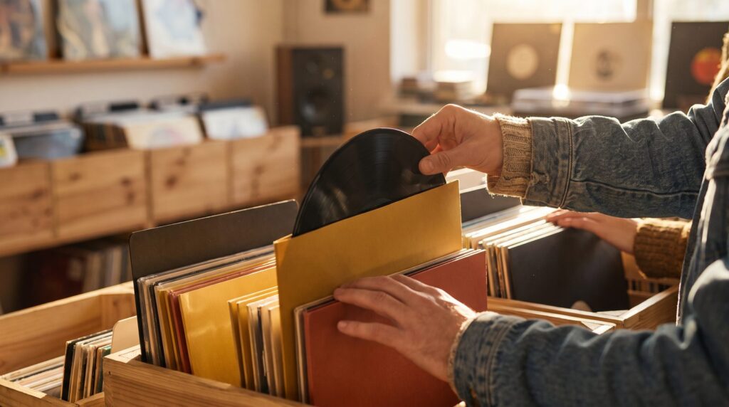 Hands flipping through a crate of records to pull out the right one, the way you pick a kick and an 808 that fit before you mix