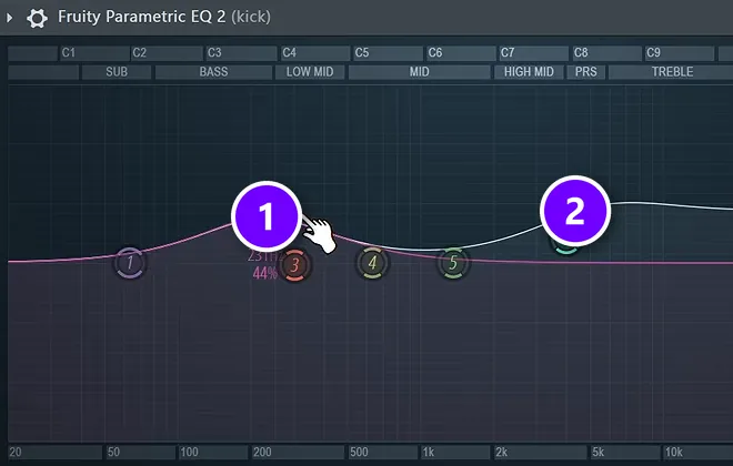 FL Studio Fruity Parametric EQ 2 on a kick with a bass bell for punch numbered 1 and a treble lift for click numbered 2