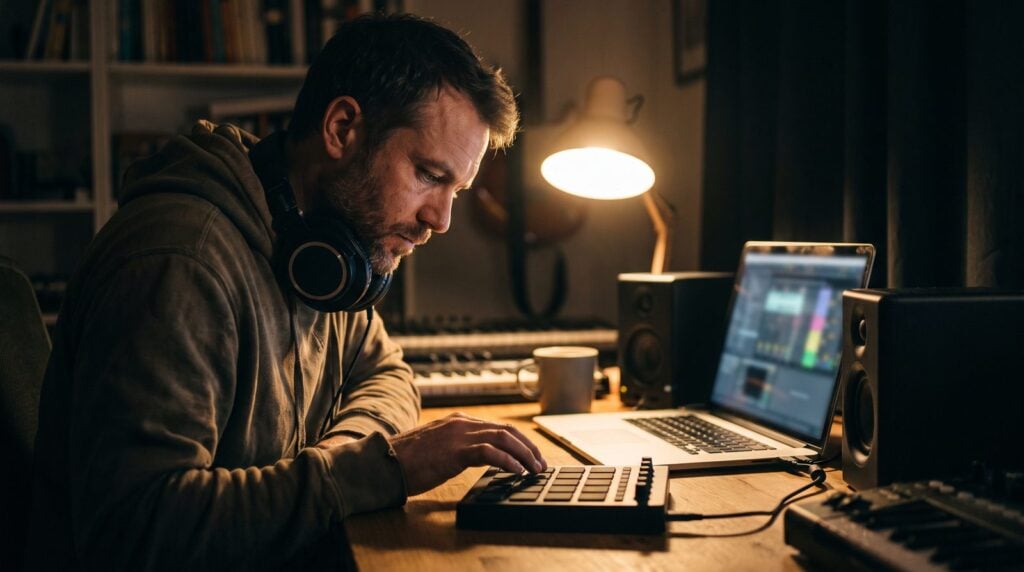 Man making a hip-hop beat at night at a home studio desk with headphones, a drum pad controller and small studio monitors