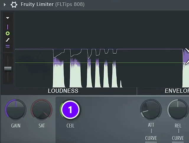 FL Studio Fruity Limiter on the 808 track with the CEIL knob numbered 1