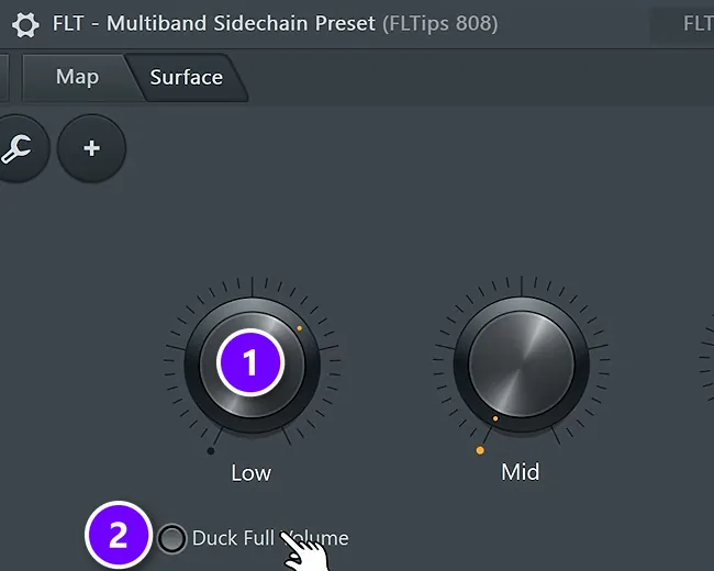 Multiband Sidechain Patcher preset on the 808 track with the Low knob numbered 1 and Duck Full Volume numbered 2