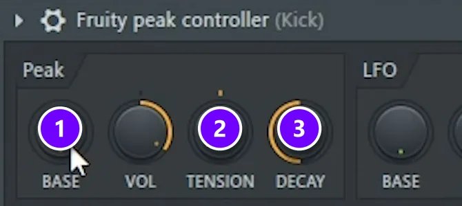 FL Studio Fruity Peak Controller on the kick with BASE, TENSION and DECAY numbered 1 to 3