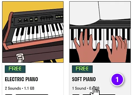 Spitfire LABS in FL Studio showing the free Electric Piano and Soft Piano packs, with Soft Piano marked (1)