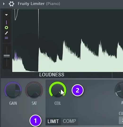 Fruity Limiter on the piano mixer track in LIMIT mode (1) with the CEIL ceiling knob (2) turned down