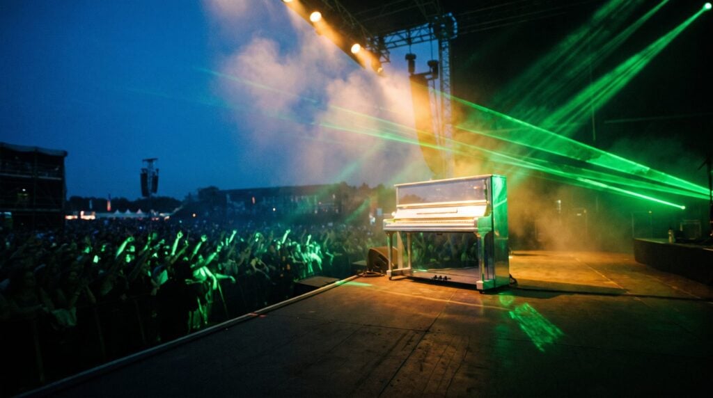 A white upright piano alone at the edge of a festival stage at blue hour, lit by green lasers and amber light through haze, with a crowd of raised hands below