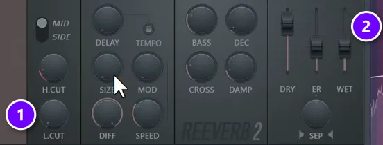Fruity Reeverb 2 with the L.CUT low cut knob (1) and the WET fader (2)