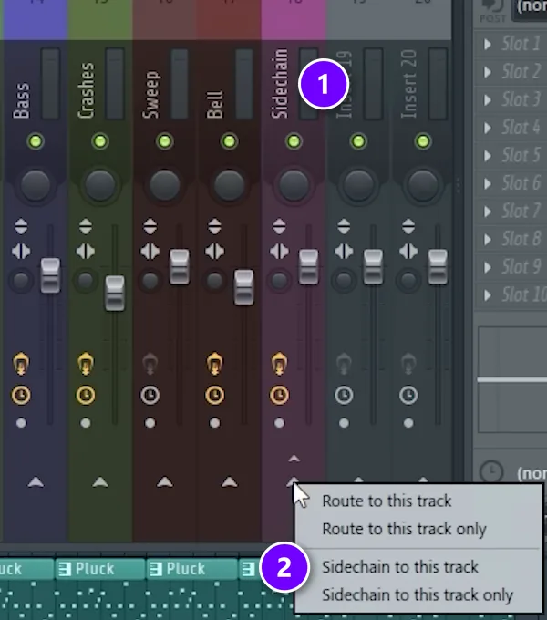 FL Studio Mixer with the Sidechain bus track (1) and the right-click menu option Sidechain to this track (2)