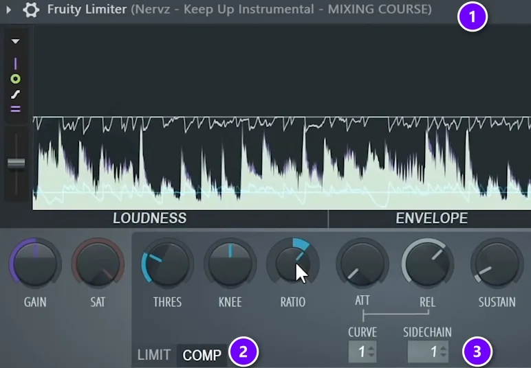 Fruity Limiter on the instrumental bus (1) in COMP mode (2) with the Sidechain input (3) set to the vocal